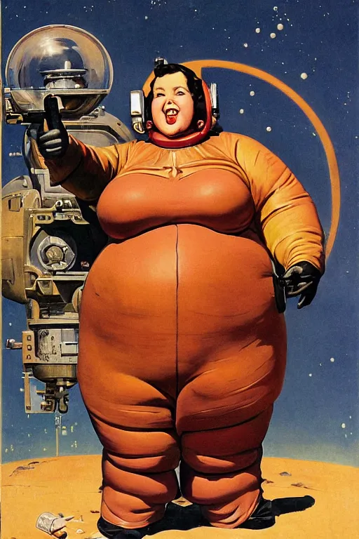 Image similar to 5 0 s pulp scifi fantasy illustration full body portrait cheerful obese woman in leather spacesuit on mars, by norman rockwell, roberto ferri, daniel gerhartz, edd cartier, jack kirby, howard v brown, ruan jia, tom lovell, frank r paul, jacob collins, dean cornwell, astounding stories, amazing, fantasy, other worlds