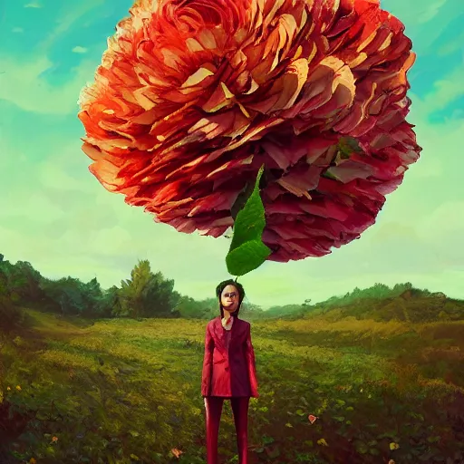 Image similar to giant rose flower head, frontal, girl in a suit, surreal photography, sunrise, dramatic light, impressionist painting, digital painting, artstation, simon stalenhag