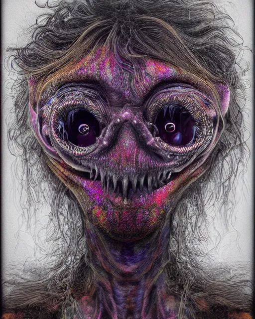 Image similar to realistic portrait of a creature experiment gone wrong, psychedelic, dark art, facing camera, photo realistic, detailed, 1 4 5 0, delicate, hyper realism, ultra realistic, 8 k