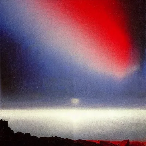 Image similar to the epic abstract painting'blue arctic void with black and red aurora borealis above tiny black monolith ', by caspar david friedrich!!!, by rothko!!!, stunning masterpiece, trending on artstation