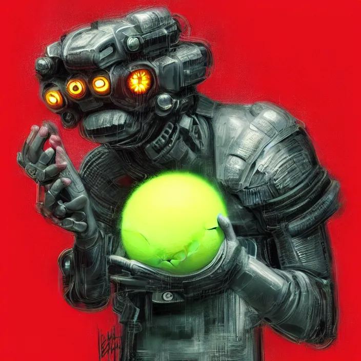 Image similar to cinematic portrait of a cute tennis ball monster, cyberpunk, bladerunner, chalk, masterpiece, trending on artstation, featured on pixiv, cinematic composition, dramatic pose, beautiful lighting, sharp details, hyper - detailed, hd, hdr, 4 k, 8 k, art by basil gogos