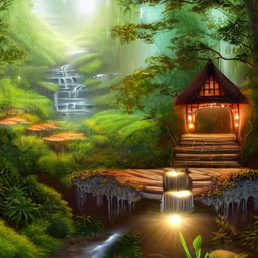 Prompt: professional digital art of a library in a forest with wooden bridges and waterfalls, cozy, lanterns, fairy lights, nature, plants, vines, bridges, ladders, pond, trickling water, fantasy, high quality, hd, 4 k, 8 k