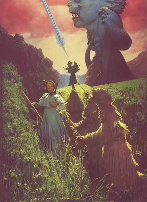 Prompt: Wizard of oz movie poster, by lawrence alma-tadema and zdzislaw beksinski and norman rockwell and jack kirby and tom lovell and greg staples, artstation creature art