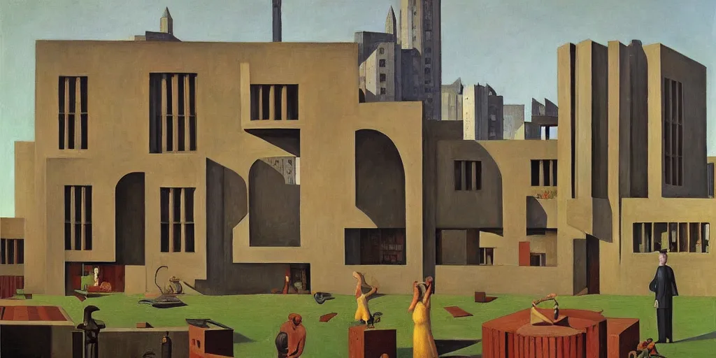 Image similar to brutalist architecture, fantastical courtyard, grant wood, pj crook, edward hopper, oil on canvas