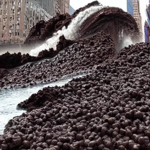 Prompt: tsunami of liquid chocolate on new york