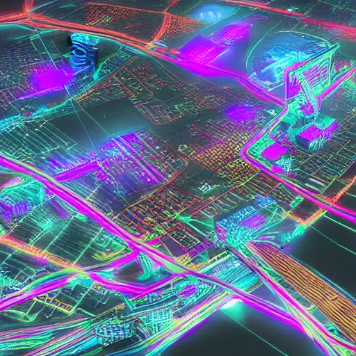Image similar to “ detailed map of a futuristic megapolis, dark tones, neon colors, brighter lights, digital art, concept art, hiperrealistic, ultra detailed, 4 k uhd, unreal engine 5, photoshop ”