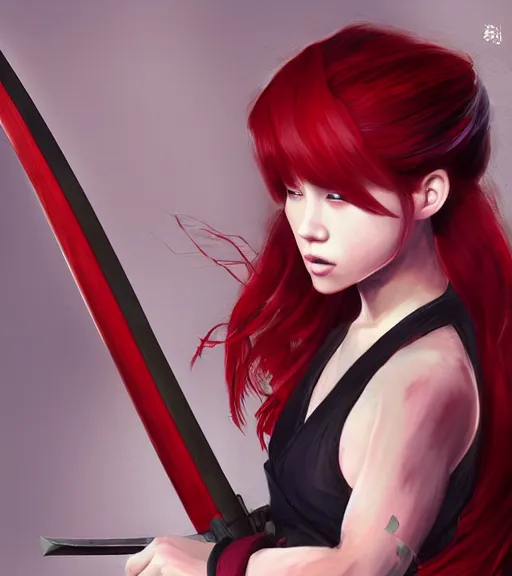 Image similar to a girl with red hair holding a katana, samurai outfit, japanese clothes, ponytail, action shot, highly detailed, digital painting, artstation, concept art, smooth, sharp focus, kunoichi, illustration