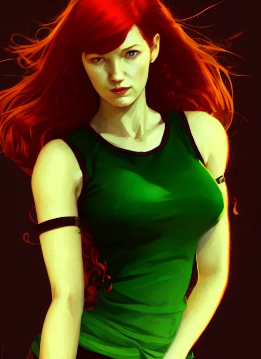Prompt: portrait of mary jane watson, red hair, green eyes, black tanktop, intricate, elegant, glowing lights, highly detailed, comic style, artstation, concept art, smooth, sharp focus, illustration, art by wlop, mars ravelo and greg rutkowski