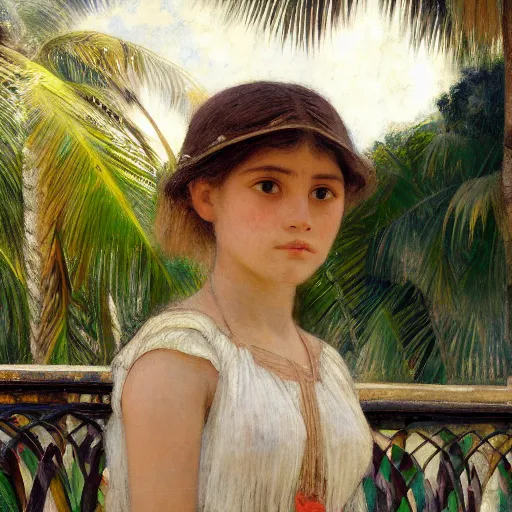 Image similar to a ultradetailed beautiful painting of a girl in the amazonas palace balustrade designed by jules bastien - lepage, tarsila do amaral, frank weston and gustave baumann, beach, trending on artstation, mediterranean, palm trees, detailed face, sharp focus, soft light, 8 k 4 k