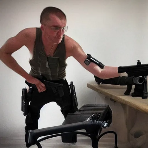 Image similar to human with guns as prosthetic arms