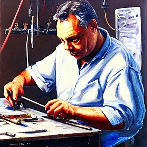 Prompt: viktor orban soldering in a workshop, oil painting