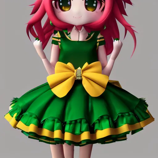 Prompt: cute fumo plush of a girl in a green and gold and wine red shiny dress, ruffles and tassels, lens flare, anime girl, vray