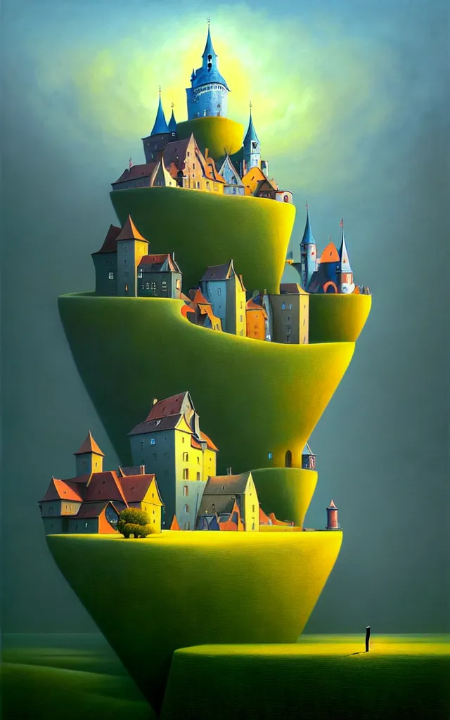 Image similar to gediminas pranckevicius an oil on canvas portrait painting of world castle happy place, volumetric light godray, surrealism, surrealist, impossible geometry, rob gonsalves, high detail fantastic