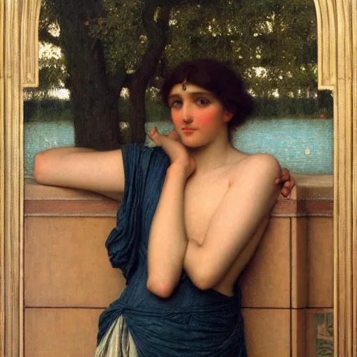 Image similar to Hello there! in the style of Thomas Cooper Gotch, John William Godward, Edgard Maxence, 1895, oil on canvas