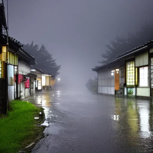 Prompt: The streets of a quiet rural Japanese town in the middle of a pouring rainstorm. 4k, Desktop Wallpaper, 35mm.