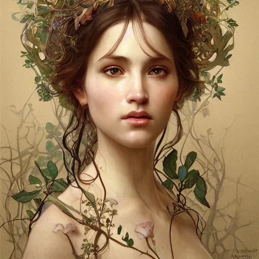 Image similar to portrait of a treefolk, intricate, elegant, highly detailed, digital painting, artstation, concept art, smooth, sharp focus, illustration, art by artgerm and greg rutkowski and alphonse mucha and william - adolphe bouguereau