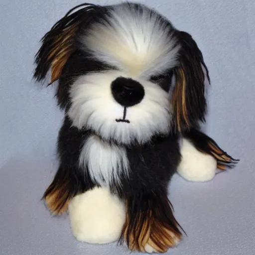 Image similar to (TY beanie baby bearded collie stuffed animal), action pose, cute, adorable, fluffy, digital art, UE5,