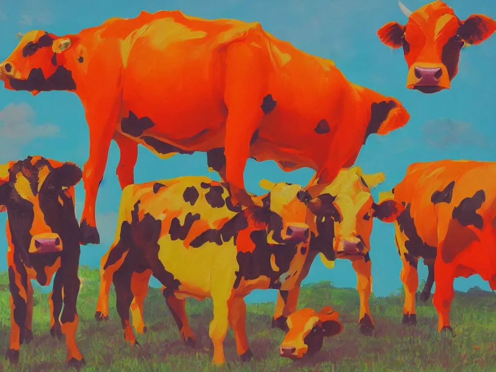 Image similar to Guernsey Cows, bright colors, neon orange, beauty, summer vibes, trending on artstation