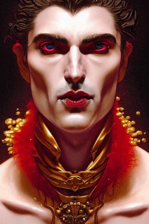 Image similar to bust of a man vampire , strong boy, gradient black red, dreamy and ethereal, orange eyes, golden ratio, vicious expression, ornate frilly suit, fantasy, intricate, elegant, rainbow bubbles, highly detailed, digital painting, artstation, concept art, smooth,b sharp focus, illustration, art by artgerm and greg rutkowski and alphonse mucha