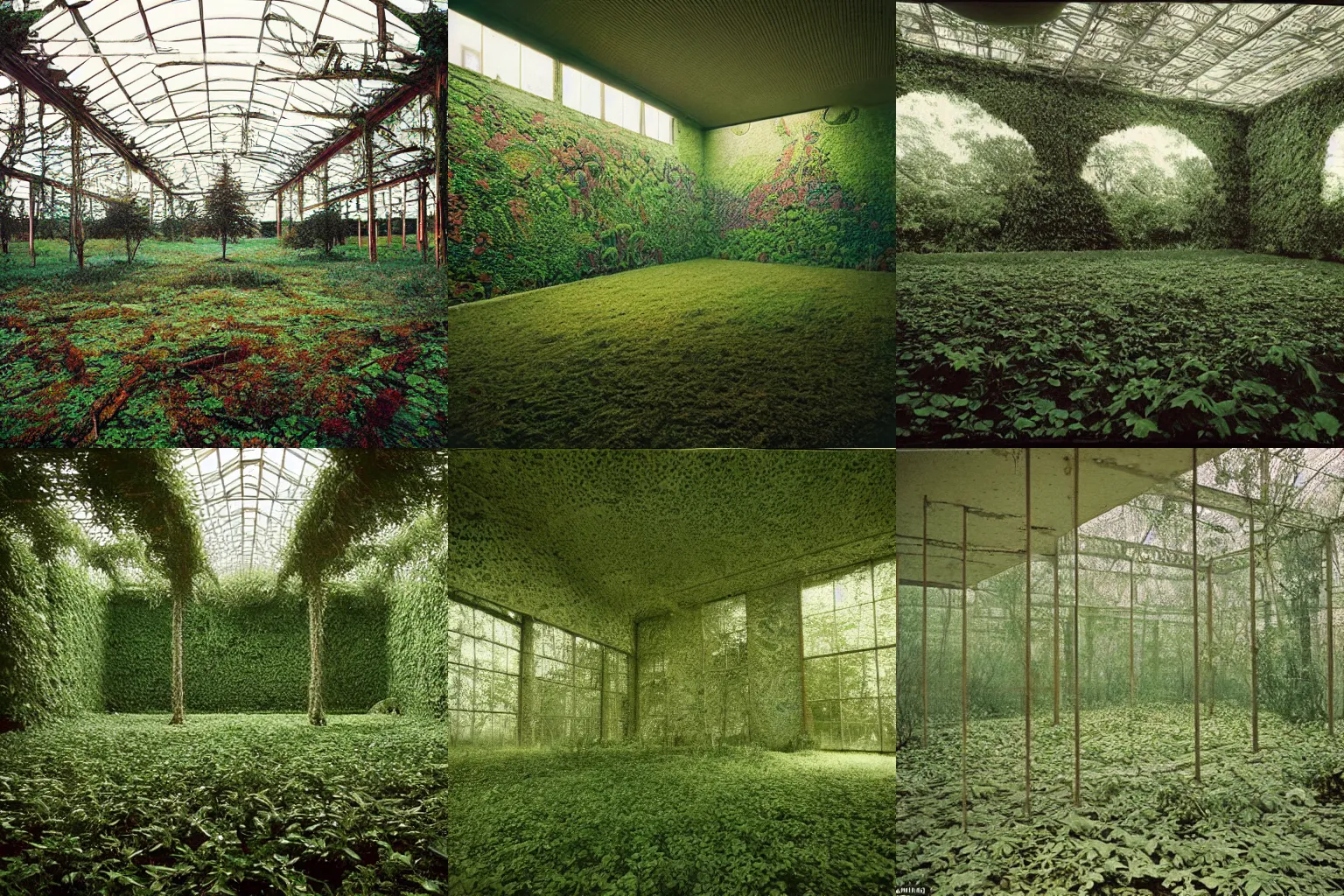 Prompt: stunningly beautiful large format photo of an empty room, one wall opens to psychedelic overgrown alien garden, by jeff wall, 10k