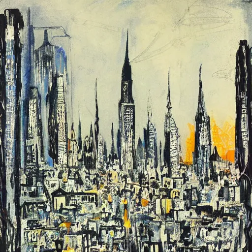 Image similar to A beautiful print of a cityscape with tall spires and delicate bridges. grey by Jackson Pollock angular