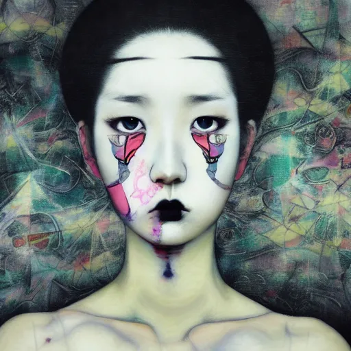 Image similar to yoshitaka amano blurred and dreamy realistic three quarter angle portrait of a young woman with black lipstick and black eyes wearing dress suit with tie, junji ito abstract patterns in the background, satoshi kon anime, noisy film grain effect, highly detailed, renaissance oil painting, weird portrait angle, blurred lost edges