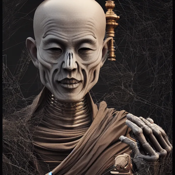 Image similar to portrait of Buddhist Monk as skeleton. intricate abstract. intricate artwork. by Tooth Wu, wlop, beeple, dan mumford. octane render, trending on artstation, greg rutkowski very coherent symmetrical artwork. cinematic, hyper realism, high detail, octane render, 8k, iridescent accents