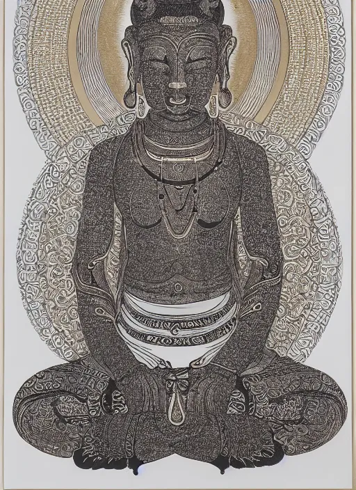 Image similar to detailed pen and ink art of an anthropomorphic asian black bears head on Buddhist bodhisattva body, seated in royal ease, 0.1 black micron pen on white paper, gilded gold halo behind head, 24K gold leaf, reflective, beautiful, highly detailed, fine pen work, white background