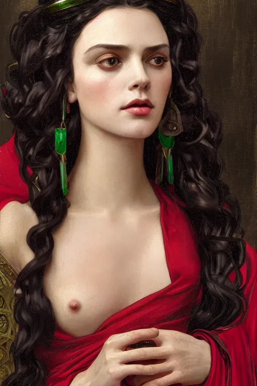 Prompt: Portrait of historically accurate, ancient biblical, pale, slim, shapely, young queen jezebel, wearing gilded red robes, long black hair, green eyes, intricate, elegant, highly detailed, digital painting, artstation, concept art, smooth, sharp focus, illustration, art by artgerm and greg rutkowski and alphonse mucha and andrei riabovitchev