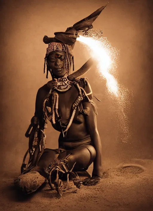 Image similar to old vintage photo of African ancient shaman female on the complex steam punk hooverboard with Jet engine, extreme sports photography , dynamic photography,clean symmetrical face, high speed,dirt and grawel flying in the spot, lens flares, dust in the air, dramatic lighting, intricate, highly detailed, centered, smooth, sharp focus, sports photography, old photo, black and white, sepia, cinematic lighting, cinematic angle, national geographic