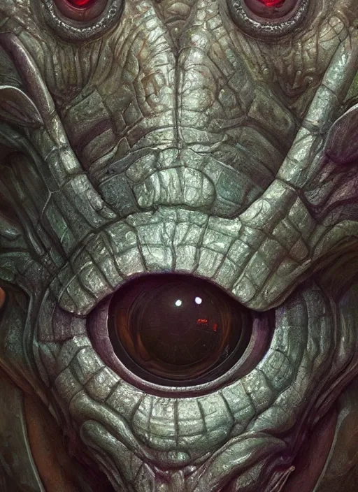 Prompt: close up sci - fi horror quarter machine simon stalenhag reptile robot eyes, quartz skin, elegant, highly detailed, centered, digital painting, concept art, smooth, sharp focus, illustration, artgerm, tomasz alen kopera, peter mohrbacher, donato giancola, joseph christian leyendecker, wlop, frank frazetta