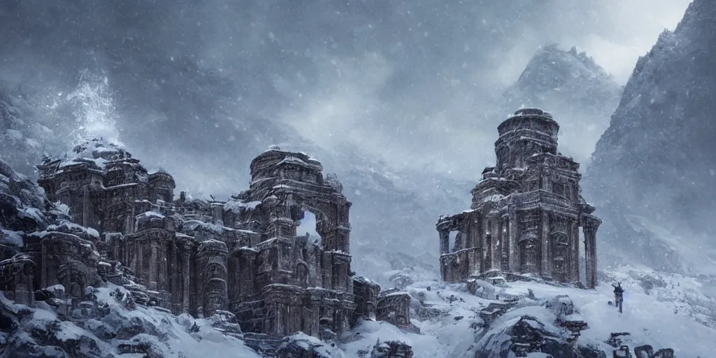 Image similar to immense and imposing himalayan ruins nestled on a mountain side, a snow storm fills the sky, fantasy, magical lighting, Greg Rutkowski and Studio Ghibli and Ivan Shishkin