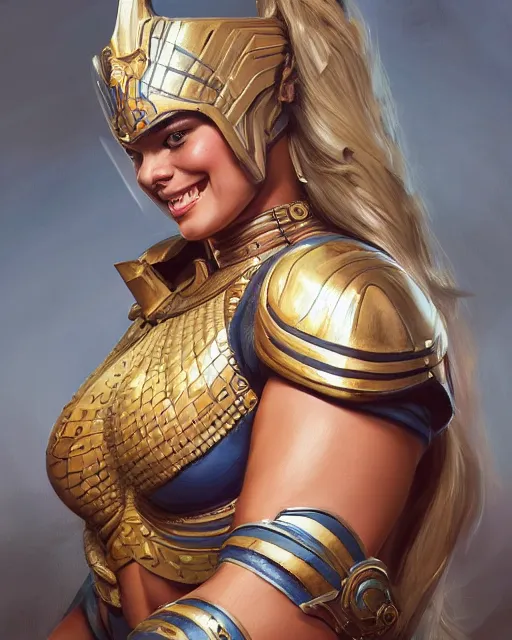 Prompt: full figure ultra realistic illustration, margot robbie as thick female bodybuilder knight zarya from overwatch smiling with closed eyes wearing egyptian armour, intricate, elegant, highly detailed, digital painting, artstation, concept art, smooth, sharp focus, illustration, art by artgerm and greg rutkowski and alphonse mucha