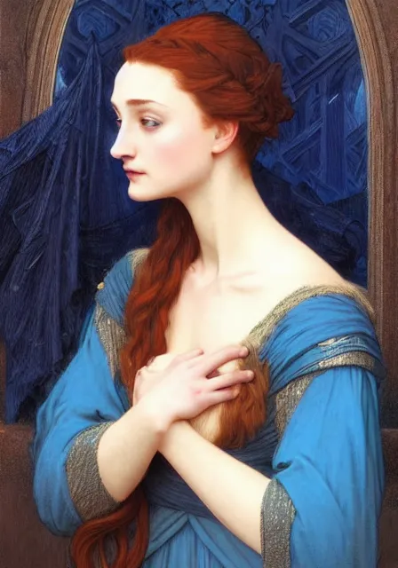 Image similar to sansa stark in blue dress with long hair, intricate, elegant, highly detailed, digital painting, artstation, concept art, smooth, sharp focus, illustration, art by artgerm and greg rutkowski and alphonse mucha and william - adolphe bouguereau