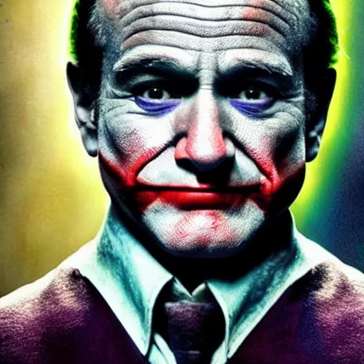 Image similar to stunning awe inspiring ( robin williams ) as the joker 8 k hdr movie still atmospheric lighting