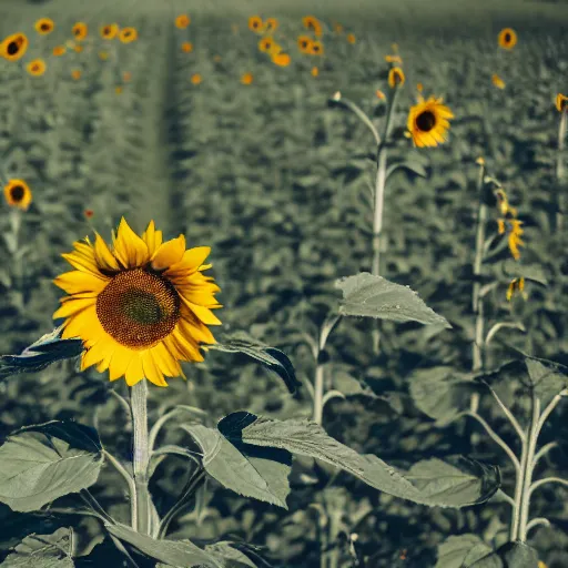Prompt: a photograph of a sunflower with sunglasses on in the middle of the flower in a field on a bright sunny day