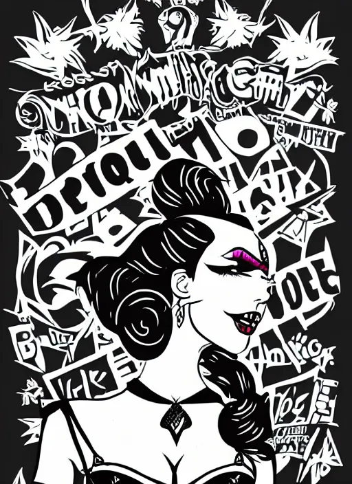 Image similar to goth girl burlesque psychobilly punk, black background, drawing, illustration