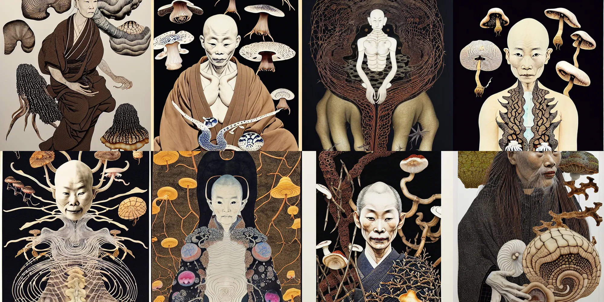 Prompt: ancient japanese monk, by kiki smith, by maria sibylla merian, by wangechi mutu, concept art, 3 - dimensional, bamboo, mushrooms, mycelium, mycena acicula, tremella - fuciformis, insanely detailed and intricate, hypermaximalist, elegant, ornate, hyper realistic, super detailed