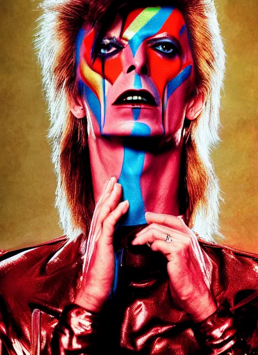 Image similar to what if david bowie was the lead singer of the band kiss, realistic, photograph, high definition, 4 k, soft lighting