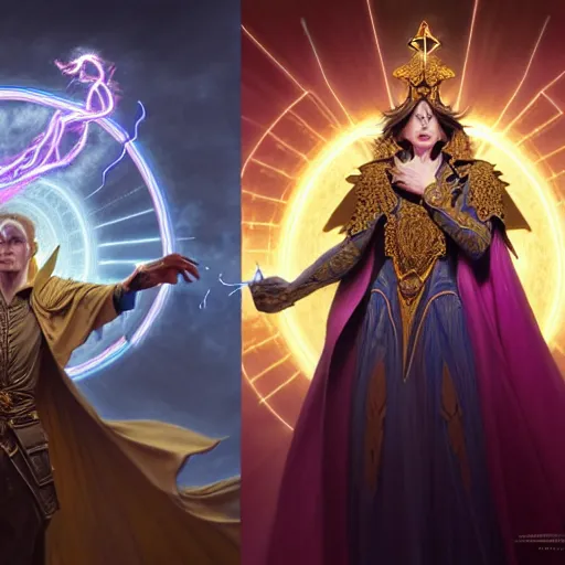 Image similar to painting of powerful stylish sorcerer and a cleric banishing the darkness and its abominations with a rainbow spell, ultra realistic, concept art, intricate details, eerie, highly detailed, photorealistic, octane render, 8 k, unreal engine. art by artgerm and greg rutkowski and magali villeneuve and alphonse mucha