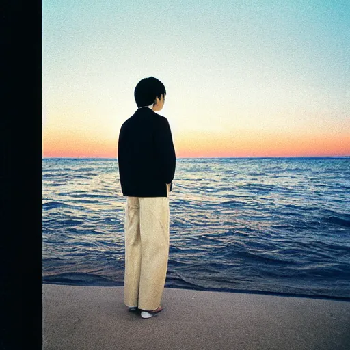 Image similar to japanese man with long hair wearing a beige suit and black pants standing in the ocean, looking at the camera, sunset, night, wide shot, ((tatsuro yamashita)), album cover, 1981, grammy award winning