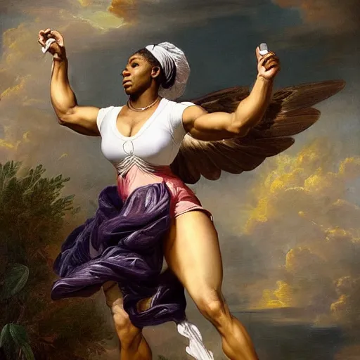 Prompt: Portrait of Serena Williams as Nike Goddess playing tennis, wings, luxuriant, dreamy, eternity, romantic, strong pose, highly detailed, in the style of Franz Xaver Winterhalter, highly detailed, in the style of Aetherpunk