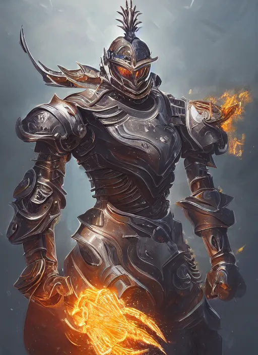 Prompt: a highly detailed illustration of cyber knight with flaming plume, dramatic battle standing pose, intricate mechanical armor, intricate, elegant, highly detailed, centered, digital painting, artstation, concept art, smooth, sharp focus, league of legends concept art, WLOP