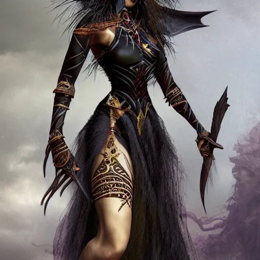 Prompt: dark fantasy witch wearing tribal clothes, magic the gathering, 4 k, realistic