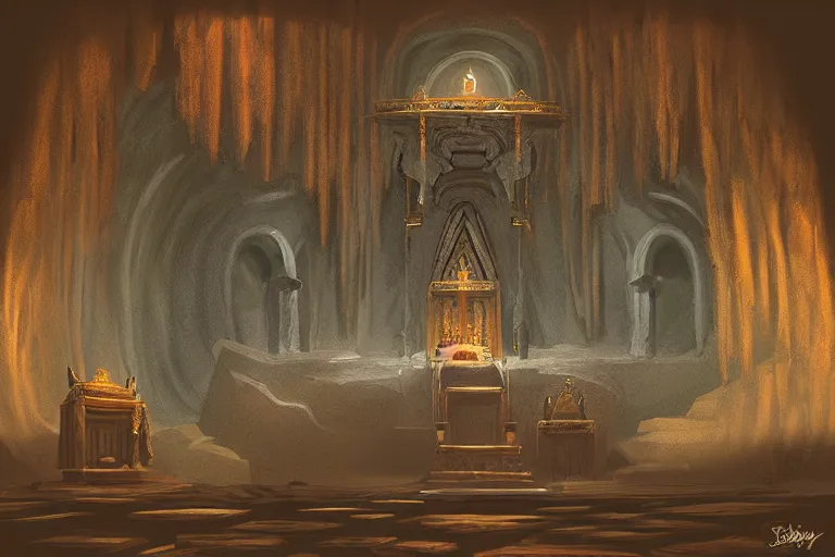 Image similar to “Ancient underground temple in dim lighting, high ceilings, with a hooded cult member facing an altar, concept art, digital painting by Shaddy Safadi”