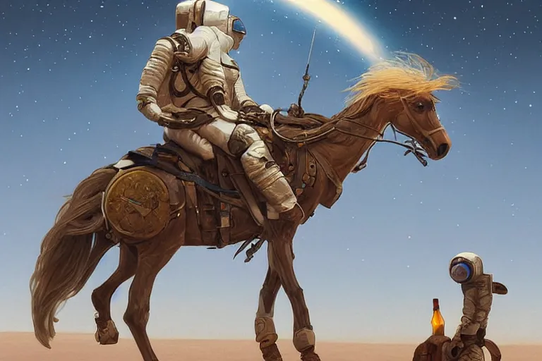 Image similar to character concept of an astronaut, with beer bottle in hand, riding a horse and marching through the desert, highly detailed, digital painting, artstation, concept art, symmetry, smooth, sharp focus, illustration, art by artgerm and greg rutkowski and alphonse mucha