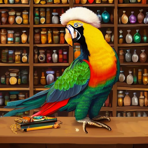 Image similar to MTG artwork of Anthro parrot trader in his shop, shelves full, selling a gem, portrait, items, magic potions, carpet, window, fancy funny hat, sly expression , cunning expression, cute expression, presenting magic gem, D&D, fantasy, cinematic lighting, highly detailed, digital painting, artstation, concept art, smooth, sharp focus, illustration, warm light, cozy warm tint, magic the gathering artwork, volumetric lighting, 8k, no gold, no gold colours, art by Akihiko Yoshida and Greg Rutkowski