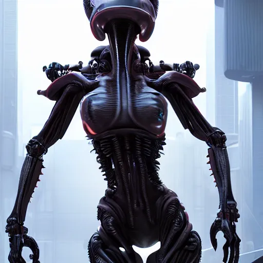 Prompt: futuristic cyberpunk alien xenomorh queen robot concept, highly detailed, photorealistic shot, bright studio setting, studio lighting, crisp quality and light reflections, unreal engine 5 quality render