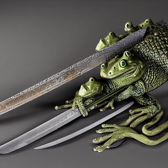 Prompt: a sword made out of frogs, highly detailed, studio lighting, fantasy, sword