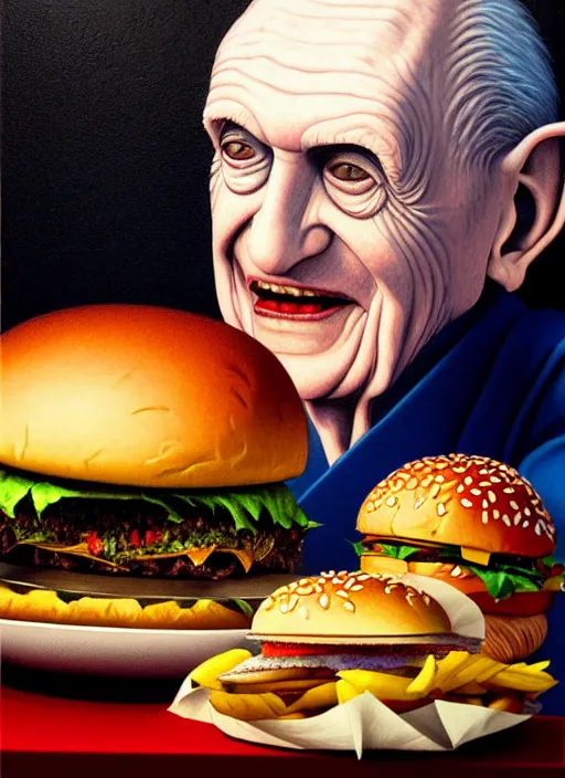 Prompt: hyper detailed 3d render like an Oil painting - Portrait of Palpatine eating a hamburger by Jacek Yerka, Mariusz Lewandowski, Houdini algorithmic generative render, Abstract brush strokes, Masterpiece, Edward Hopper and James Gilleard, Zdzislaw Beksinski, Mark Ryden, Wolfgang Lettl, hints of Yayoi Kasuma, octane render, 8k